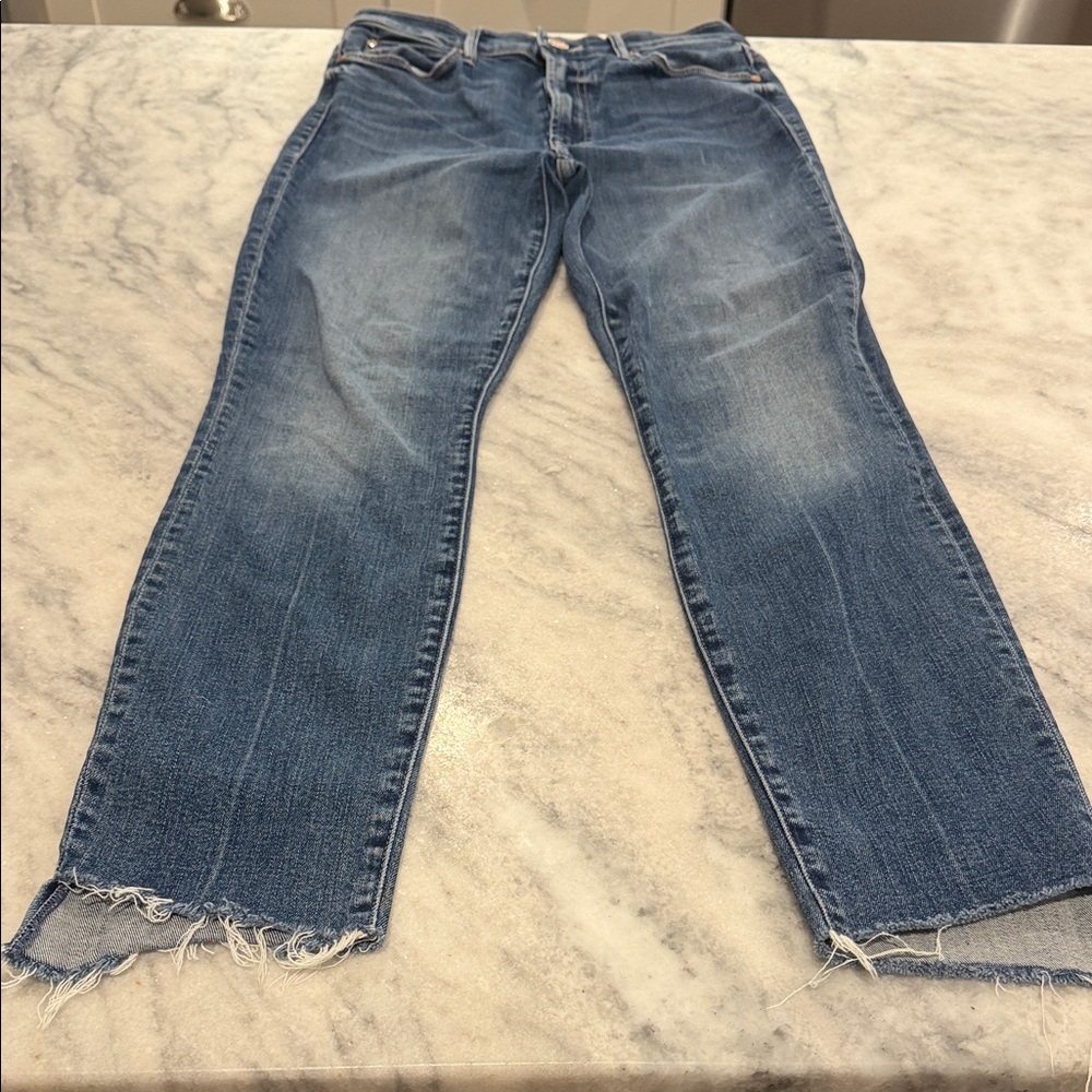 MOTHER Stunner Zip Ankle Step Fray Jeans - Light Blue Denim